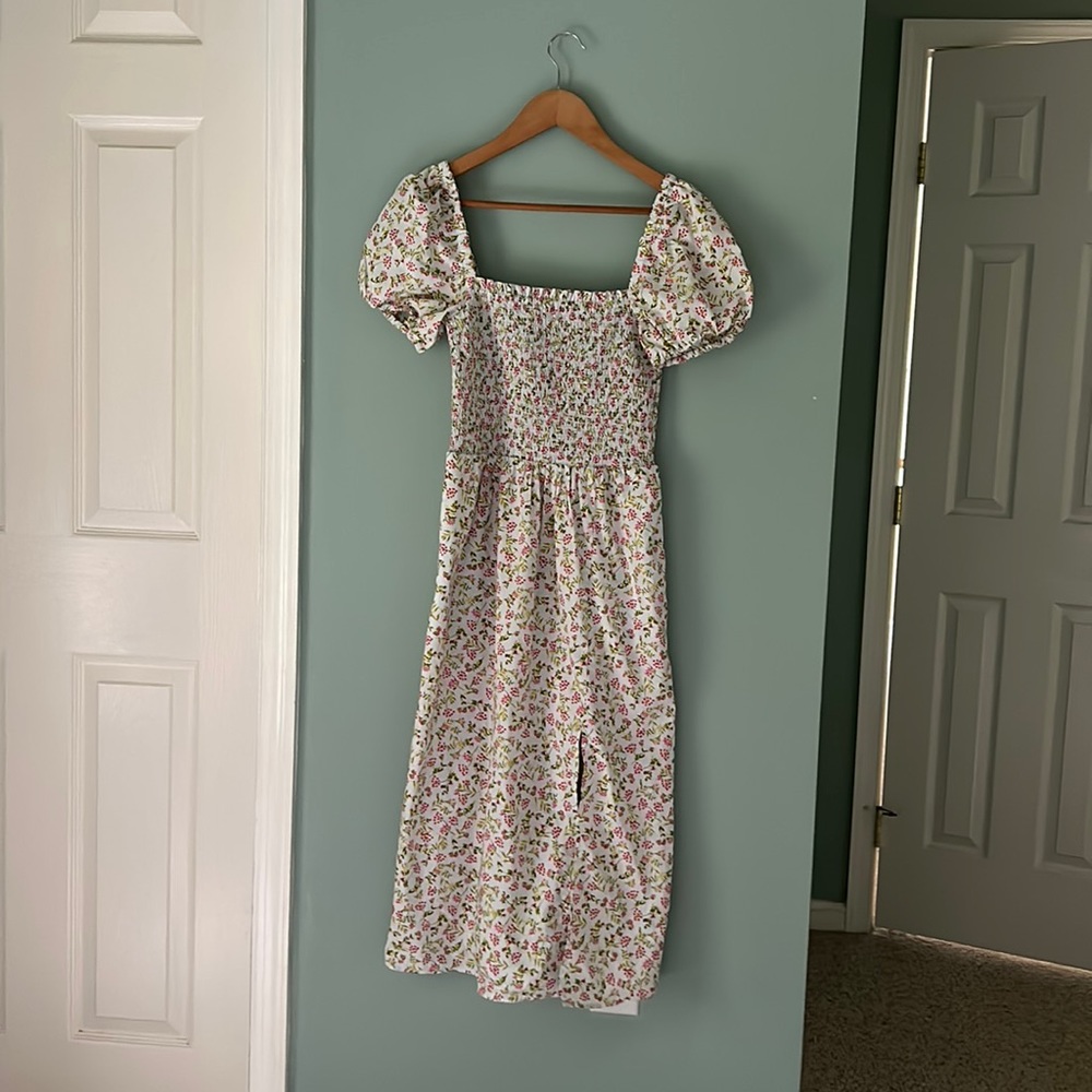 J CREW Cotton Floral Light Blue Smocked Puff Sleeve Dress XS